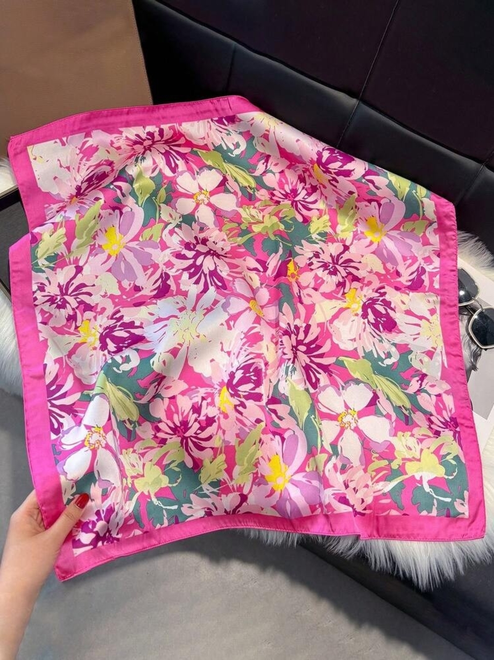 Silk-feel Floral Pink Women’s Square Scarf - Vibrant Pink Floral Print 70*70cm